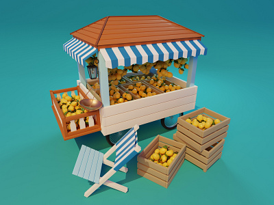 Lemon booth 3d 3d art barrow blender booth digital art diorama illustration lemon low poly modeling render truck yellow