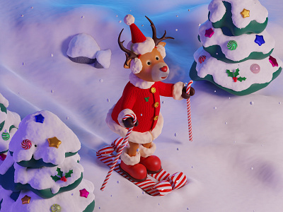 Skiing reindeer 3d 3d art blender christmas digital art diorama illustration isometric merry christmas modeling reindeer render santa skiing snow