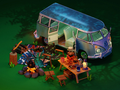 Summer camp (Night) 3d 3d art blender camp campervan campfire camping digital art diorama illustration isometric modeling render texturing vehicle vwbus