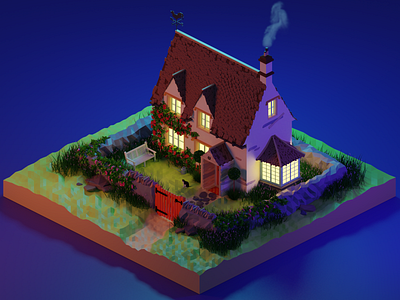 Cotswolds cottage - night version 3d blender 3d cotswolds cottage countryside england house illustration isometric low poly render