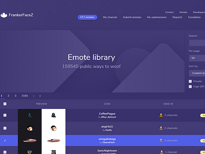 Emote listing for FrankerFaceZ design flat minimal table ui web website