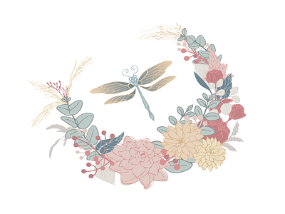 Dragonfly Garden Flowers decorative flowers dragonfly garden dragonfly illustration floral garden floral illustration flower crescent flower wreath flowers and dragonfly
