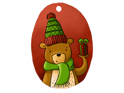 Christmasbear with present bear christmas gift green illustration label present red winter