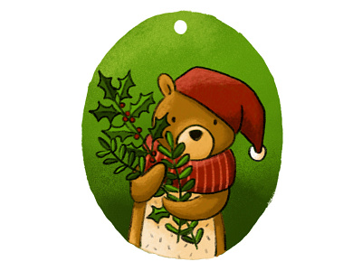 Christmasbear with branches bear christmas gift green illustration label present red winter