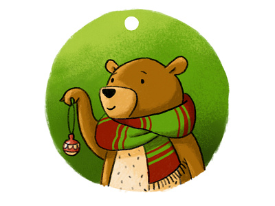 Christmasbear with a christmas ball bear christmas gift green illustration label present red winter