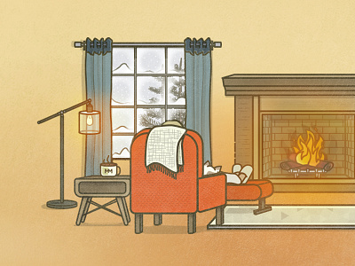 Winter is coming. cozy fire furniture home illustration interior line living room mid century modern snow winter