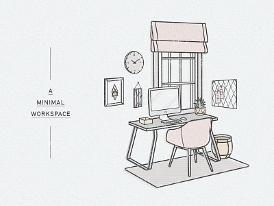 Minimal Workspace desk flat line freelance home icon illustration mid century modern minimal office vector workspace