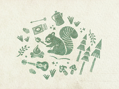 Campsite Illustration WIP animal camp camp site fire forest illustration matches nature outdoors squirrel trees ukulele woodland