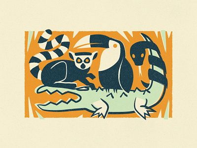 Wild Ride Illustration animals illustration jungle lemur linocut nature print snake texture tropical vintage wild wildlife