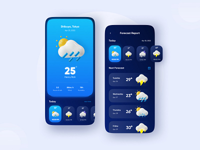 Weather App 3d app blue cloud dark gradient illustration mobile app mobile design rain screen sun thunder ui ui design ux weather weather app