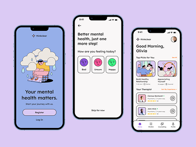 ThinkClear - Mental Health Care App app best mobile app comic design doctor health health care illness light mental mental health mental illness mobile mobile design mobile ui pastel stress ui