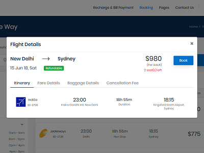 Flight Details Popup baggage details book booking cancellation fee details fare details flight itinerary one way trip refundable ui ux