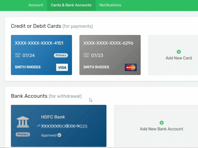 Credit or Debit Cards and Bank Accounts Details Page bank account clean credit credit card debit debit card design details details page edit profile layout money transfer online payment page payments template ui ux website withdrawal