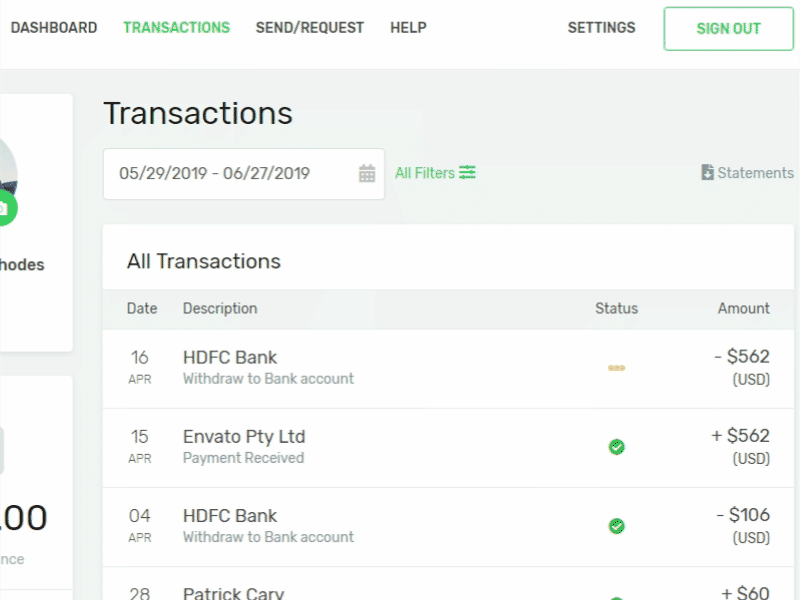 Transactions Page bank clean design details layout money money transfer online payment payment receive send summary template transaction details transactions ui ux web website withdraw