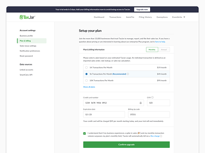 Trial Upgrade - Billing Page billing checkout platform saas subscription taxjar trial