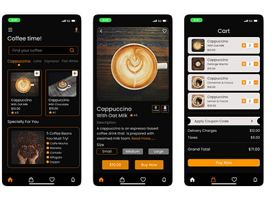 Coffee Shop Mobile App - Dark Mode 3d animation app branding design graphic design illustration logo mobile mobileapp motion graphics typography ui ux vector