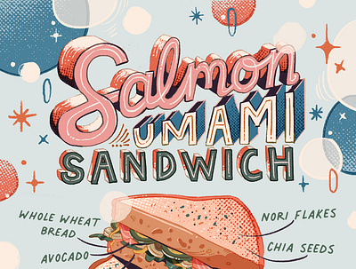 Salmon Umami Sandwich brush illustration lettering pink recipe salmon sandwich