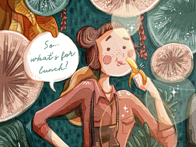 What's for Lunch? banana brush forest girl illustration jungle leaves plants safari shadow