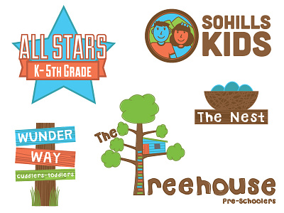 SoHills Kids Logos hand drawn kids logos nest pre schoolers sohills stars treehouse wood