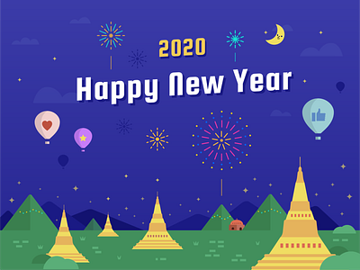 2020 happy new year bagan design firework hot air balloon illustration myanmar temple vector