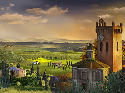 Pienza illustration italy landscape procreate tuscany