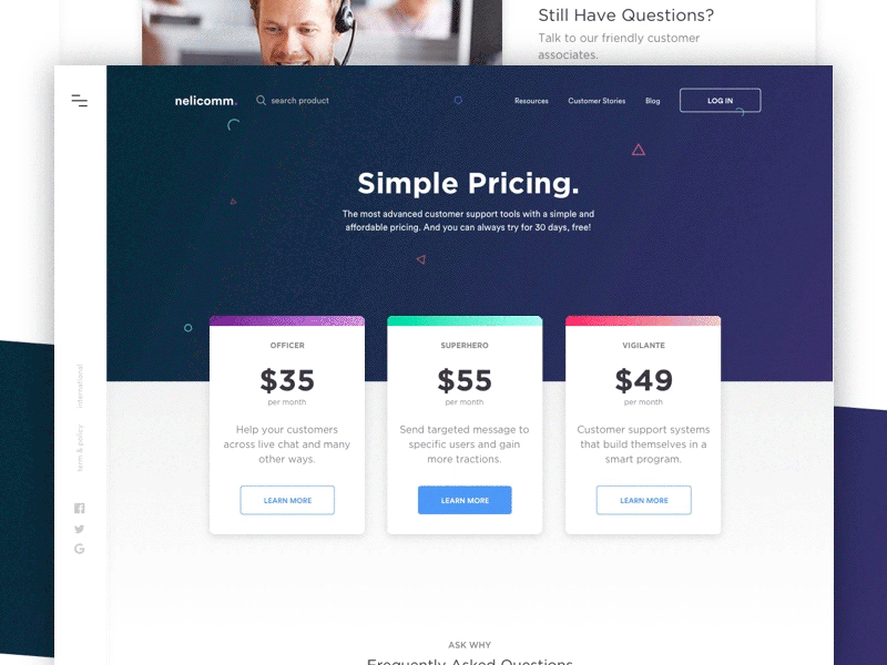 Nelicomm - Pricing Page animate customer support daily faq gif intercom landing page pricing principle zendesk