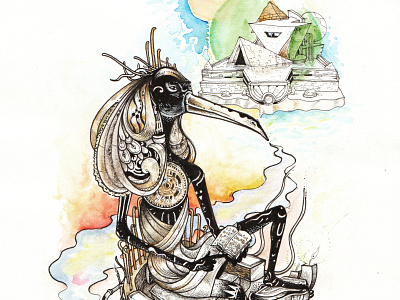 Ibis reading anicent architecture art character character design color pencil design draw dream egypt graphic design ibis illustration reading surrealist water ink