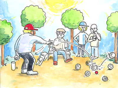 "Petanque" action art character design children illustration color pencil design draw dream educative french graphic design illustration ink pen landscape naive petanque scene sport thomas auvin water ink