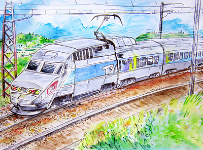 "TGV" art children illustration color pencil colors design draw dream educative illustration france graphic design illustration landscape movement nature speed tgv thomas auvin train vehicule water ink