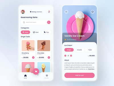 Ice Cream Shop - Mobile App app branding caffe cocholate cone gelatto ice ice cream market place mobile pink shop shoping strawberry ui vanilla