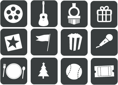 Icons baseball christmas tree film reel flag fork gift guitar icons microphone plate popcorn spoon star ticket train