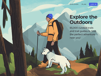 Explore the Outdoors character character design dog forest hiking illustration illustrator landing page mountains nature outdoors