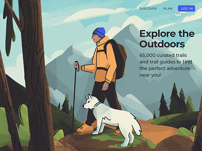 Explore the Outdoors character character design dog forest hiking illustration illustrator landing page mountains nature outdoors