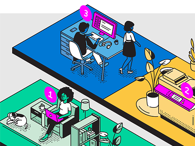 Hybrid work world character cyber attack desk editorial illustration illustration illustrator isometric microsoft office pandemic people vector illustration work