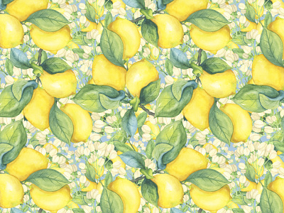 Lemons on a background of flowers design fruits graphic design illustration