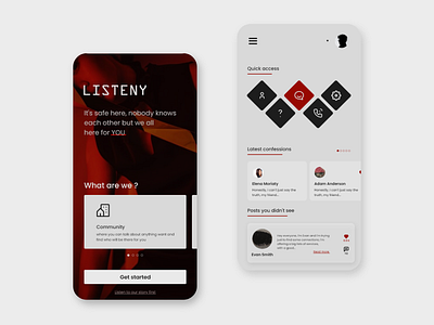 Listeny - Ui social media app for unknowns :) adobe xd android app branding dai daily dailyui design logo mean media mobile red slider social ui ui ux uiux unknown ux