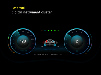 Digital Instrument cluster car clean cluster dark ferrari futuristic ic infotainment media player song speedo ui