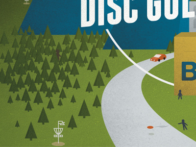 Illustration disc golf frisbee illustration tiny people woods yeti