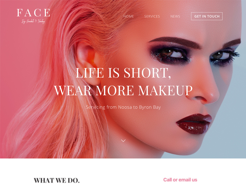 Face big photo dark orange pink typography website header web style fashion makeup