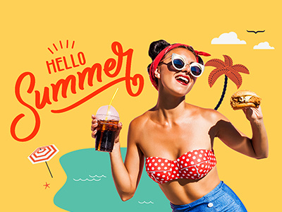 Summer living beach bright food graphic design model retro script summer type