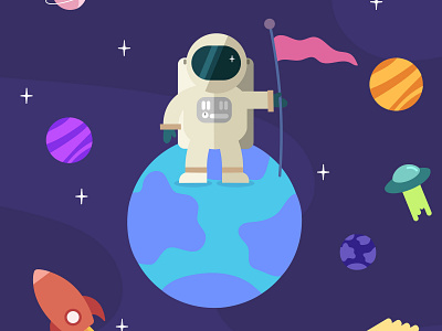 Space Astronaut aliens astronaut bright colourful flat illustration planets rocket space spaceship