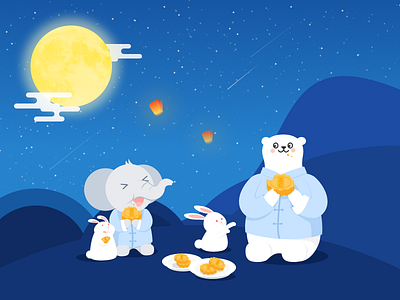 Happy Mid-autumn Day~ blue cartoon elephants illustration mid autumn festival moon polarbear