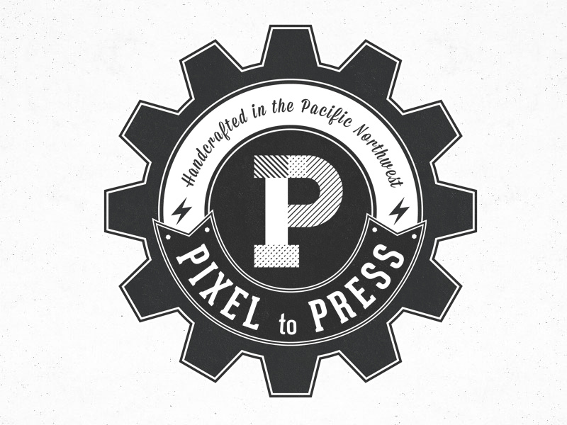 Pixel to Press pacific pixel press logo gear cog vintage old fashioned northwest