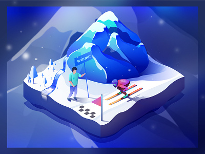 Skiing on the mountainside cold digital ice iceland illustration isometric mountain skiing snow sports waterfall web winner winter