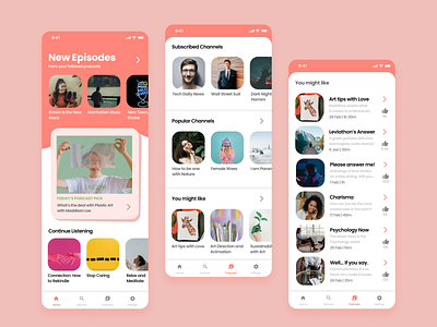 Podcast App Design - Home, Discover, Recommendations Page