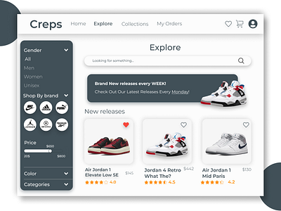 Sneakers Marketplace Website application branding daily ui design discover page figma marketplace product product page rating ui web website