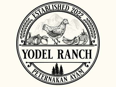 yodel ranch chicken classic design farm fruits handmade handraw illustration ranch vintage