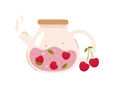 Vector illustration of glass teapot with cherry