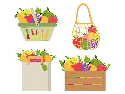 Fruits in basket, bag, wooden box branding cartoon fruits illustration