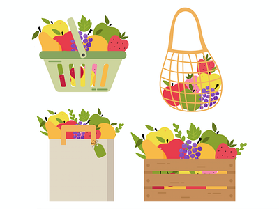 Fruits in basket, bag, wooden box